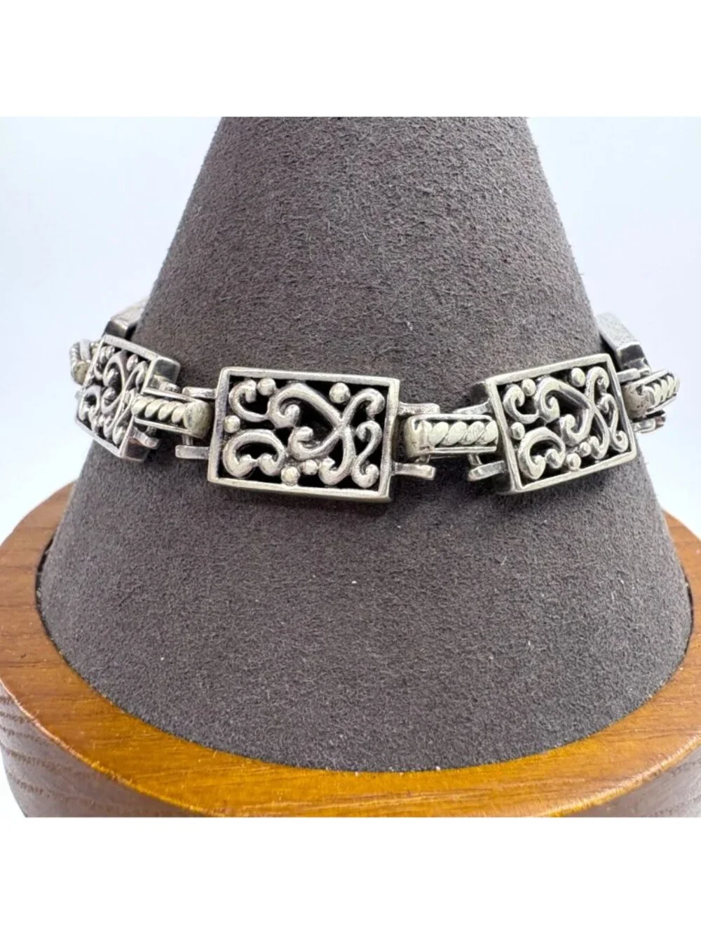 Scroll Design Link Bracelet Toggle Clasp Sterling Silver 925 Size 7.5